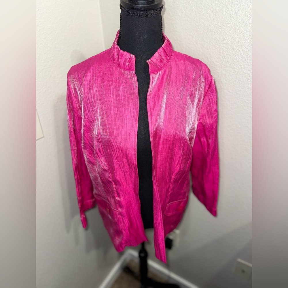 Chico's Valentines Alegra Shine 3/4 sleeve open front jacket in hot pink- Small‎